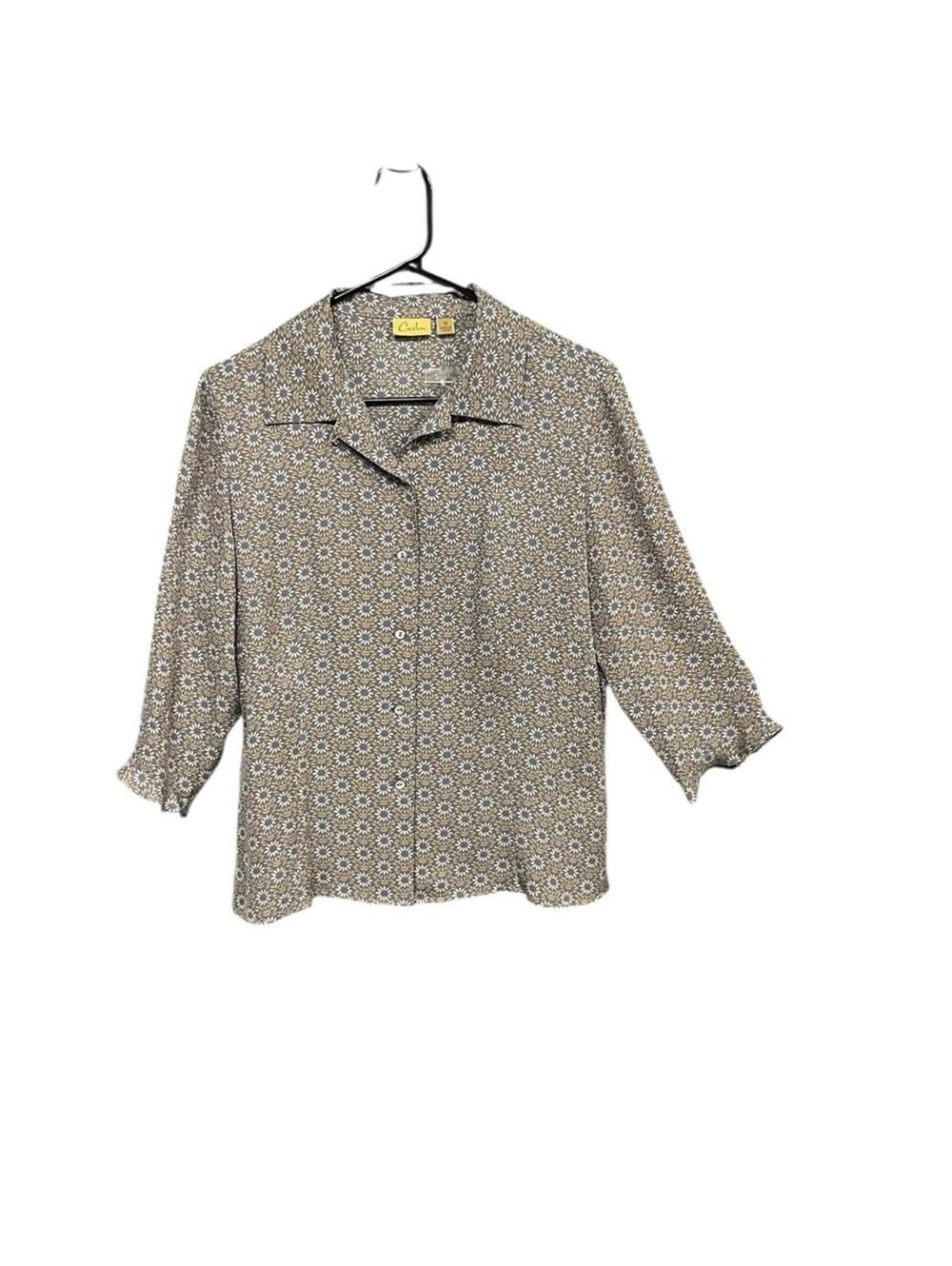 Caslon patterned silk blouse women M blue tan 3/4 sleeve floral NWT career